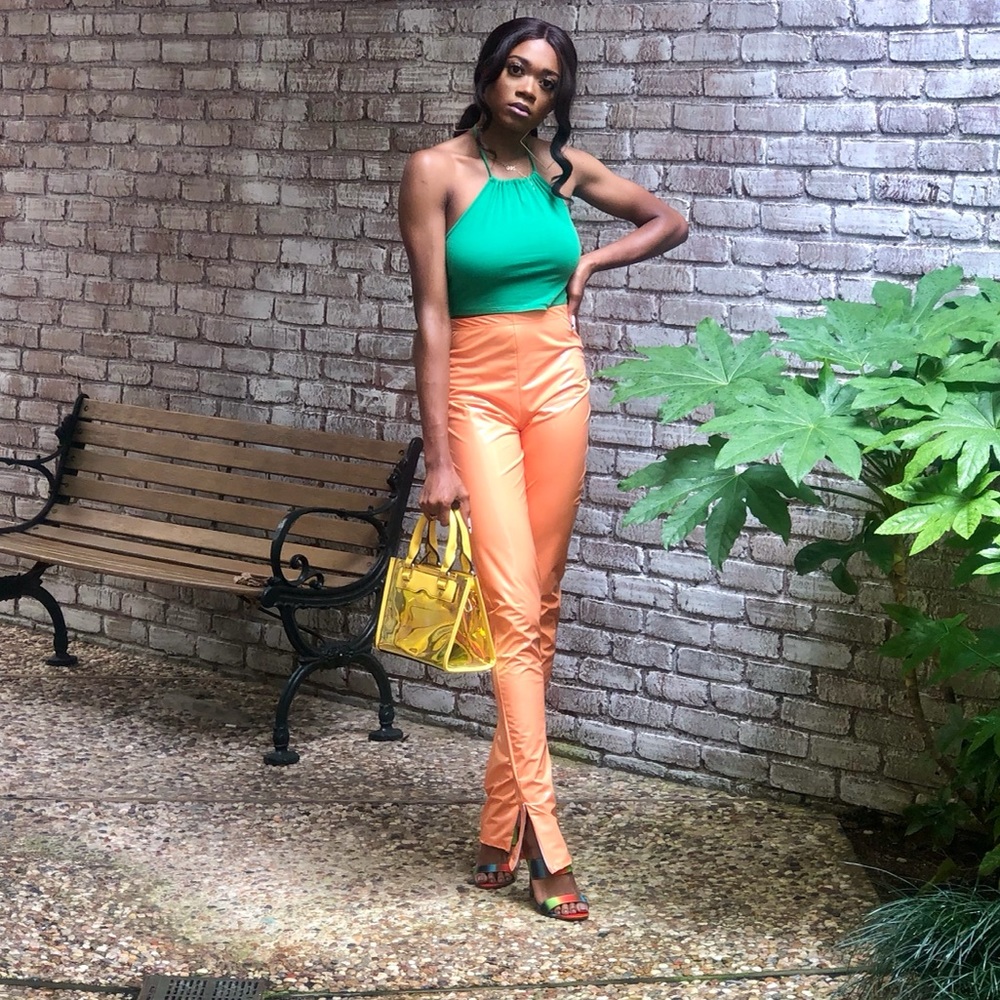 Peach Orange PU Leather Split Hem Pants